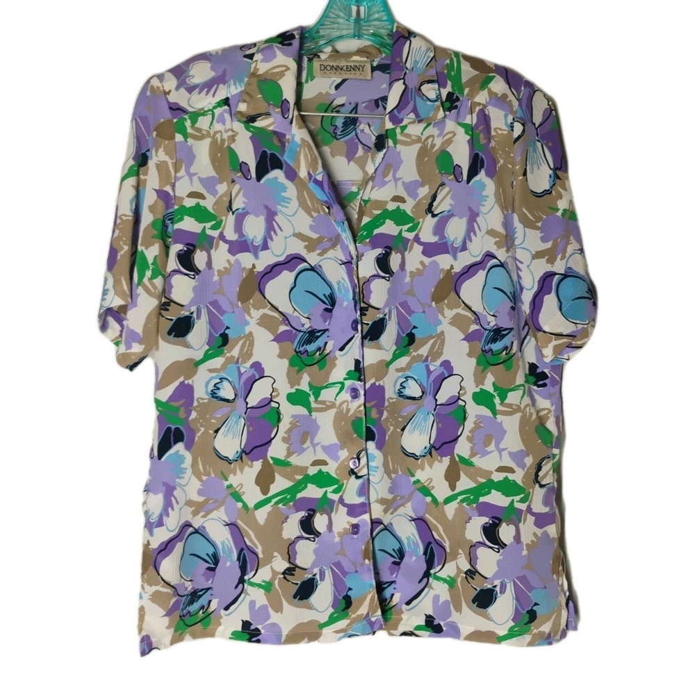 DonnKenny Classics Womens LARGE Purple Blue Floral Button Up Dress Shirt Blouse